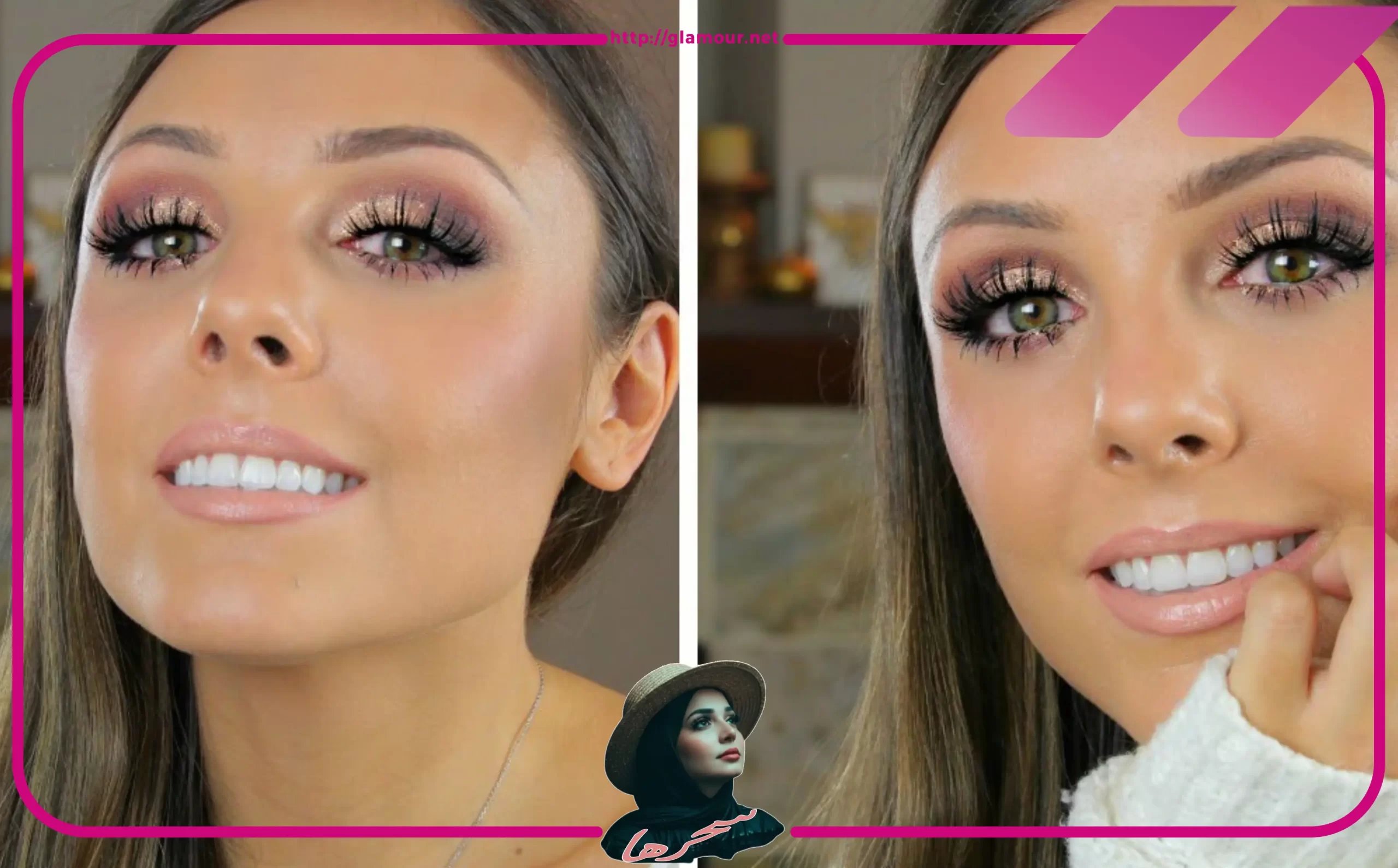 ظل لامع بني مع شفاه باللون النيود الناعم